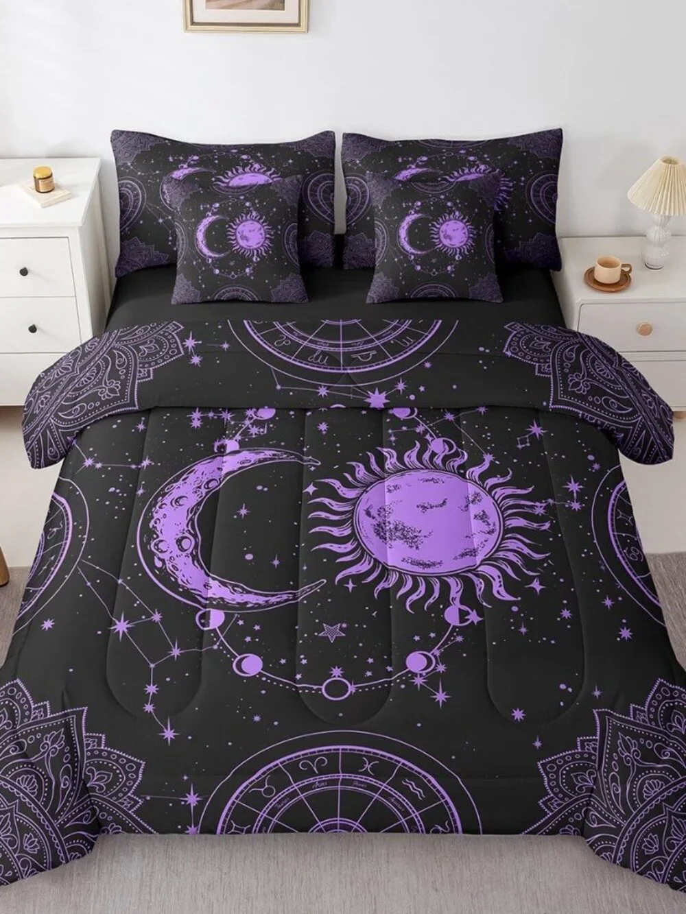 Sun and Moon 7 Piece Bedding Set, Constellation Galaxy Comforter Set Cover for K